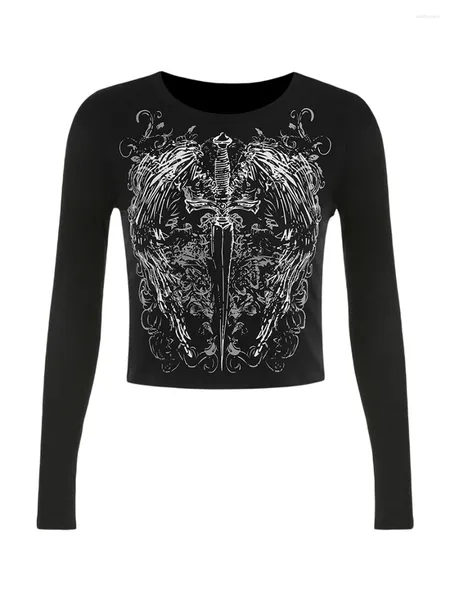 Frauen T -Shirts Frauen S Y2K -Hemd Schlanke Gothic Cropped Tops Langarm Ernte Grafik Tees Flügel Print Grunge Clubwear