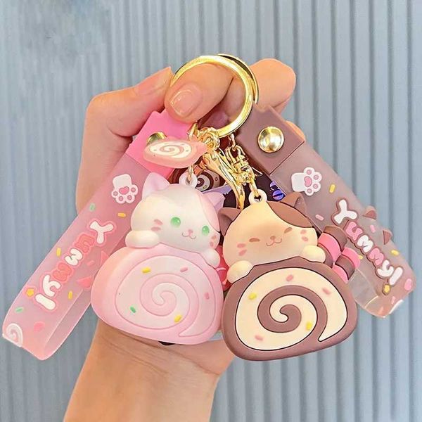 Keychains Bedanyards Frening Rolls de galinha de gato -chave Key Kawaii Kitty Cake Doll School Bag Acessórios Chain Chain Cartoon Pingente Chave Casal Jóias Presente Q240429