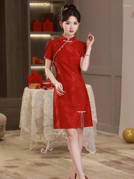 Ethnische Kleidung traditionelle chinesische Kleidung Vintage Cheongsam Sexy Kurzes Qipao rote Frauen Rayon Kleider klassischer Knopf Vestidos