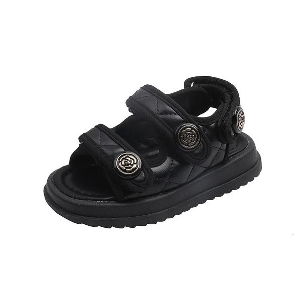 2023 Kinder Sommer Sandalen Chic Girls Casual Solid Black Kids Mode Prinzessin Japanischer Stil Klassiker Blumen Schnalle 240423