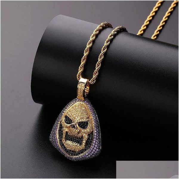 Collane a ciondolo viola bianco nero 3 colori cz pietra lastricata bling out mask skl collana a pendenti per uomo per uomini hip hop gioielleria d'oro oro dhlaf