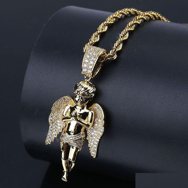 Collane a pendente Hip Hop Angel Wings Collana Gold Colore Sier Sier Iced Out Micro Pave Cz Stone con Gioielli con caduta di corda Penna di gioielli Dhibr