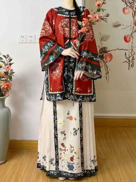 Roupas étnicas de 2 peças de peças femininas roupas tradicionais chinesas hanfu qing dinastia qipao túnica + saia de cavalo trajes chineses para mulheres