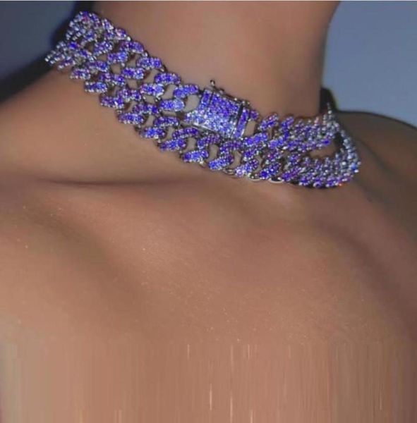 12 mm Miami Cuban Link CHOKER CHILKER MICRO PAVE PURPLE BLU BLU CZ Hip Hop Women Necklace 16Quot 18Quot2924644