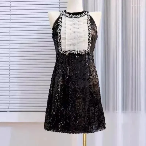 Lässige Kleider süßes Mädchen Sommer Schwarze Pailletten Sparke Slim Mini Kleid hochwertige Luxus Frauen ärmellose O Hals Diamonds Prom Party