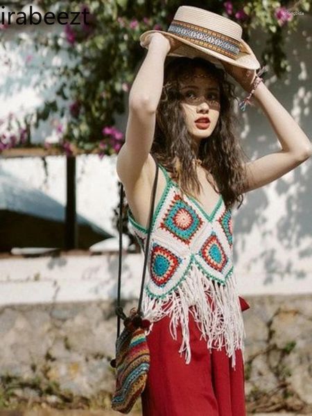 Tank da donna Fashion Ethnic Chic Halter Vacazioni con boemia Fringe Calt Calt Knit Color Matching Short Summer Slim Crop Top Women