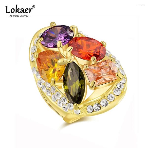 Rings de cluster Luxury Multicolor Oval Cubic Zirconia Gold Color Mosaic Jóias Austríacas de Cristal para Mulheres R15049