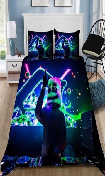 DJ Marshmello 3D Set di biancheria da letto Stampato Copertina piumiculata Cestello da doppio letto Full King King Led Linen Callothes Set di coperture trapunte H096374608