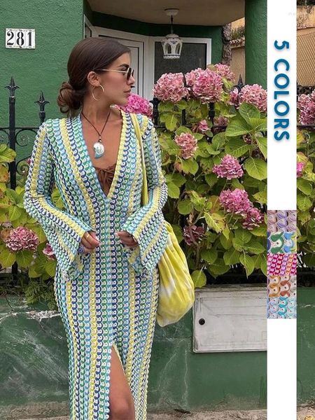 Повседневные платья Женщины Deep V Seck Bohemian Maxi платье элегантное o прямая вспышка с длинным рукавом vestidos fashion sexy для отдыха халат