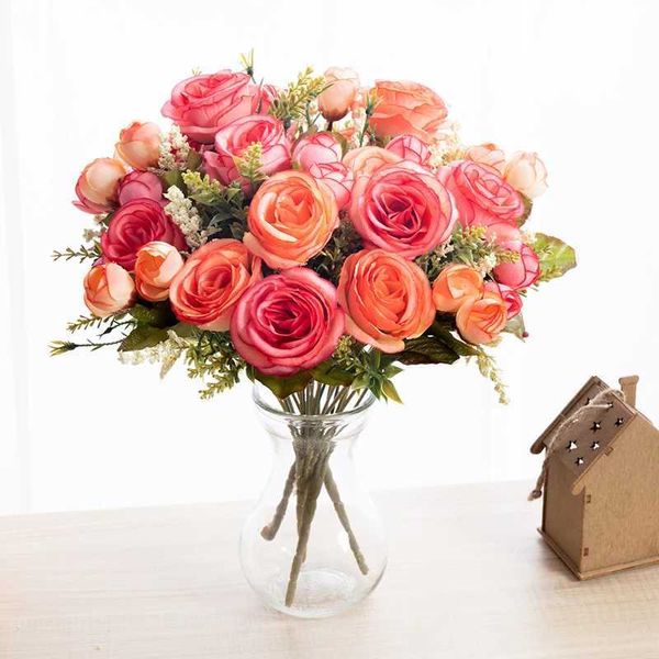 Flores secas Autumn Flores de seda artificial Rosa Bouquets de noiva Bouquets de Natal Casamento Casa Sala de Decoração ao ar livre Adereços Faltos Falsos