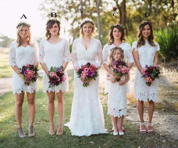 Elegante V estilo de pescoço de pescoço branco bainha de renda cheia vestido de dama de honra de mangas compridas na longa