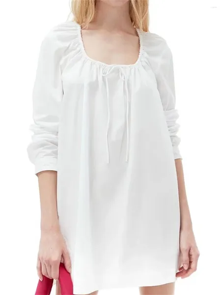 Günlük elbiseler beyaz mini elbiseler kadın kare yaka pamuk uzun kollu bağcıklı basit 2024 bahar bayanlar elbise