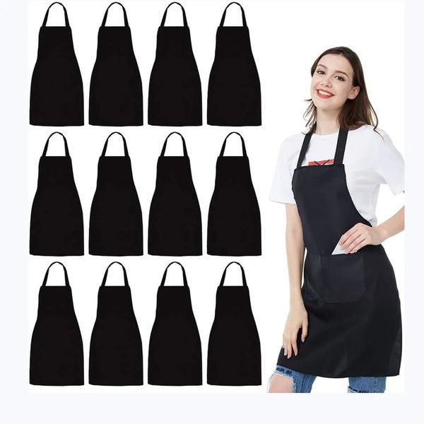 12 PCSPACK Unisex Black Apron com 2 bolsos dianteiros laváveis usados na cozinha para fazer churrasco 240429