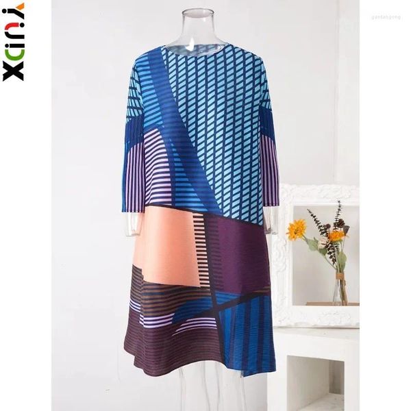 Vestidos casuais yudx miyake bloco de cores vestido plissado mulheres pescoço redondo manga longa impressa middromp mide 2024 mola 2024