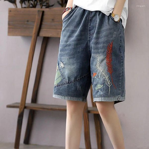Jeans feminino bordado short bordado verão feminino 2024 cintura alta jeans solto capris rasgado calças de joelho na altura