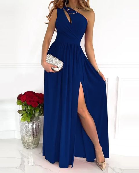 Платья для женщин летние длинные элегантные рукавов синие сексуальные сплит -вечерние платье стройное подвеска