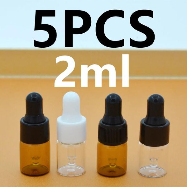 Garrafas de armazenamento 5pcs 2 ml âmbar/gotas de gotas de vidro transparente Mini Óleos essenciais frascos de frascos para a amostra de viagens de perfume cosmético