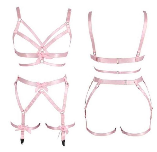 Mulheres Pink Bow Bow Full Arness Bra Elastic Plus Size Cupless Bra Hollow Out Strappy Garter Belt Punk Gothic Sexy Lingerie Set S02951604