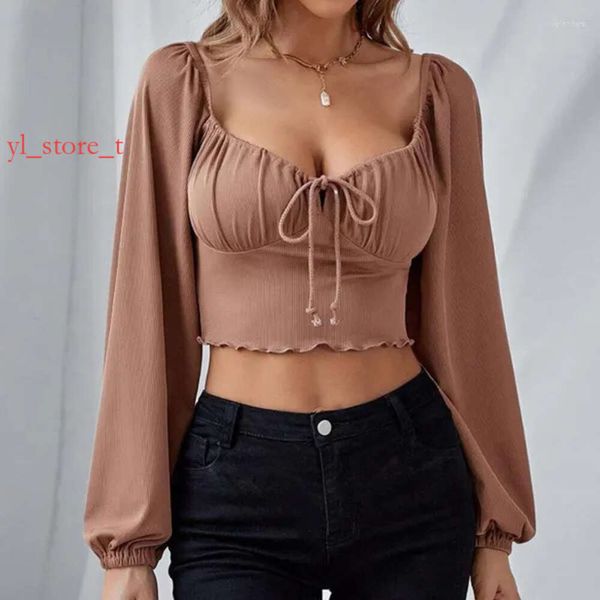 Mulheres Designers Shirts Girl Brown Brow-Cut Sexy Lady Crops Tops Desenham cordas de manga comprida moda moda blusa marrom feminina flan ftict top t-shirt feminino 9909