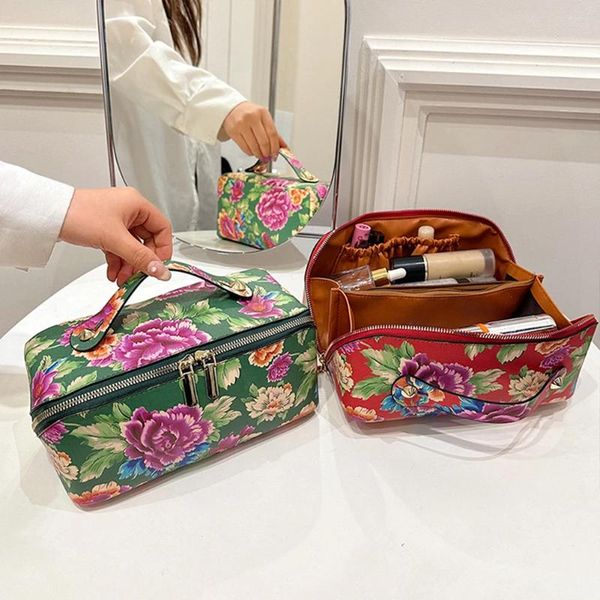 Bolsas de cosméticos estilo chinês nordeste Big Flower Vintage PU Couather Organizer Caso com alça aberta para mulheres meninas