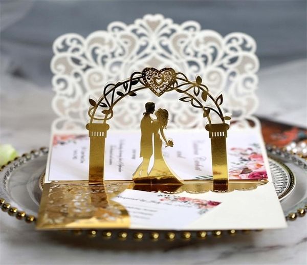 Begrüßungskarten 2550pcs Europäischer Laserschnitte Hochzeitseinladungen 3D Triufold Braut und Bräutigam Spitzenparty Gunst Vorräte 2209305611763