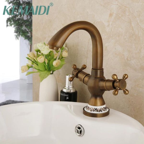 Rubinetti del lavandino da bagno kemaidi antichi rame doppia maniglia girevole cucina mixer cucina in ottone solido mazzo di rubinetto rimozione fredda