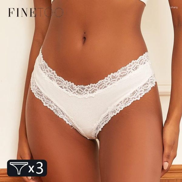 Kadın Panties Finetoo 3pcs Kadın Pamuk Brezilya Seksi Düşük Bel Dantel Kılavuzları Düz ​​Renk Streç