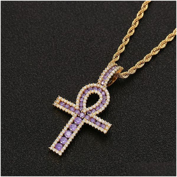 Anhänger Halsketten Ankh Kreuz Gold Sier Kupfermaterial Iced Zirkon ägyptischer Schlüssel der Lebens Halskette Frauen HipHop Schmucktropfen liefern DHMWA