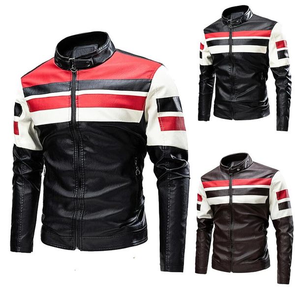 Spring Fashion Zipper Motion Motorcycle PU Couro Casual Patchwork Tatchwork Biker Leather Blazer Winter Jacket Men 240428