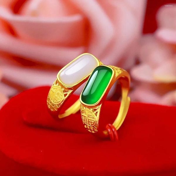 Rings Cluster Lucky Green White Jade for Men Women 18k Gold Color Jewelry Zircon Diamonds Gemstones Accessori di moda Accessori Gift di compleanno