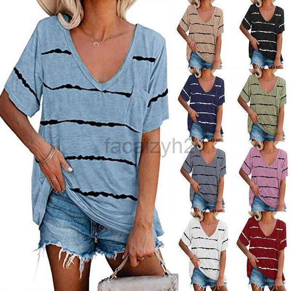 Frauen T-Shirt Sexy Tees Frauen Krawatte gefärbt lose Striped Print V-Ausschnitt Tasche Kurzarm T-Shirt Frauen Plus Size Tops