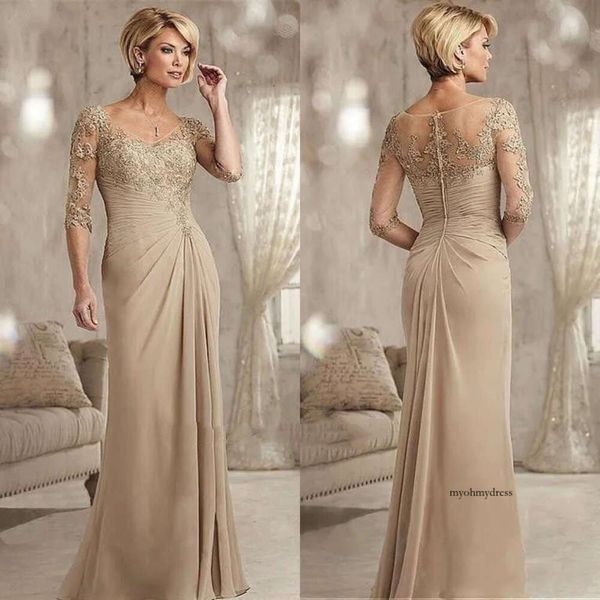 Elegante Champagnermutter der Braut Kleider gegen Nacken halbe Ärmelmütter Kleid Reißverschluss Rückenboden Hochzeit Gastkleider 0431