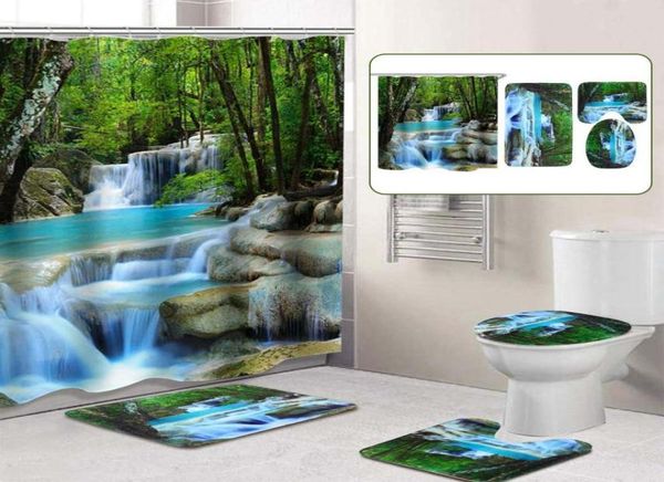 Cenário em cascata 3D Corta de chuveiro à prova d'água Trees de banheiro de banheiro de banheiro de flor do tapete de flor do tapete de pedestal tampa da tampa do banheiro T2001029196042