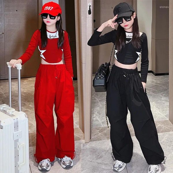 Set di abbigliamento ragazze hip hop crop top pantaloni da carico rosso figlio principessa joggers joggers abiti streetwear abiti per bambini danza da ballo jazz costume