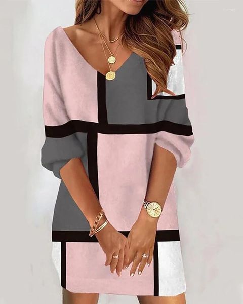 Lässige Kleider Frauen 2024 Sommer Geometrisch Print Colorblock Kleid V-Ausschnitt Langarm Outfits Robe Kleidung