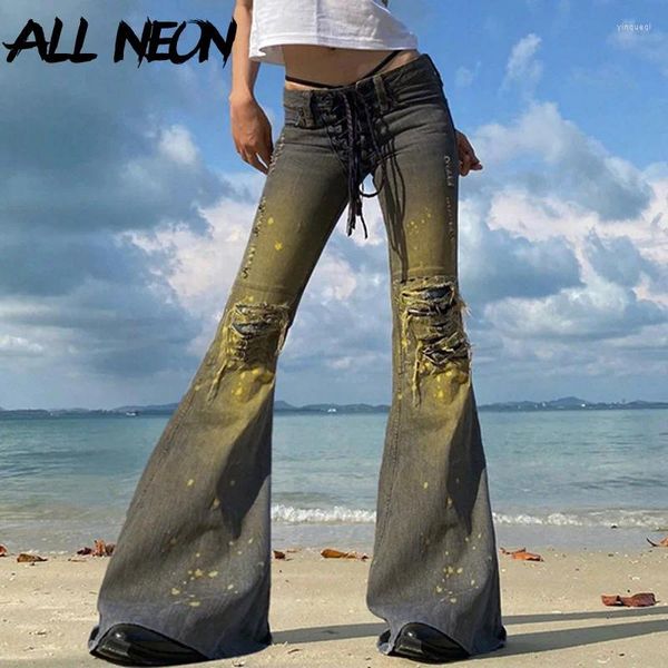 Frauen Jeans Allneon Y2K Ästhetik Niedrige Taillenlöcher Schnürung Langflare Hosen Vintage Hollow Out Stiefel Schnitt Jeanshose Trimm Streetwear