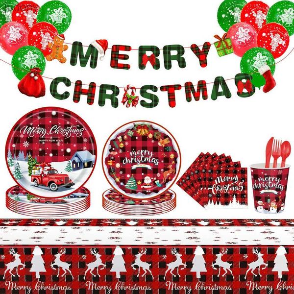 Tabela de mesa de plástico descartável de Natal para utensílios de mesa descartáveis ​​Computador Papai Noel Claus Red e White Paper Copo de Natal Happy Home Party Table Decoration WX