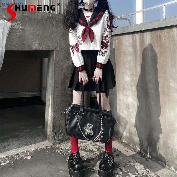 Saias de estilo de esqui punk de estilo japonês uniforme escuro uniforme doce de mangas compridas camisa de marinheiro bordada e terno de esqui preto 2 peças xw