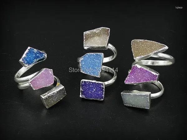 Ringos de cluster Cores mistas 3 ágata druzy combinado anel prateado com prata ajustável aproximadamente 10mm