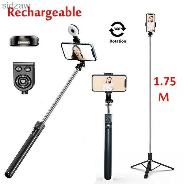 Selfie-Monopoden 1,75 m Langstreckenbluetooth Wireless Selfie Stick Echtzeit-Streaming-Streaming Stripod Fold Fill Light für Smartphones WX geeignet