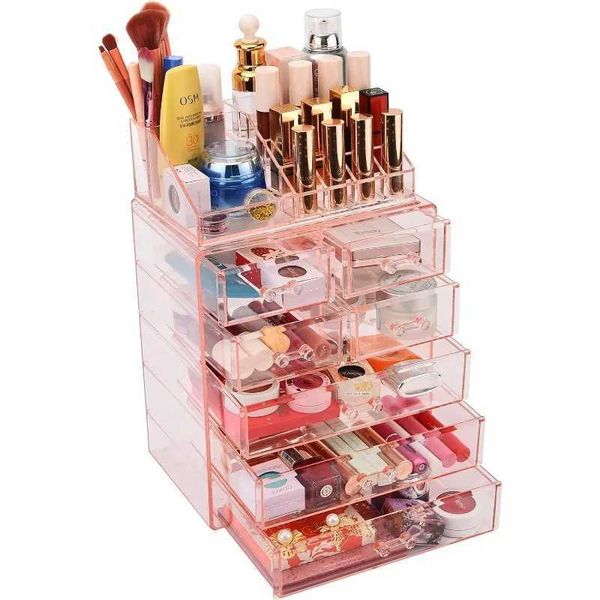 Organizador de cosméticos Organizador de maquiagem transparente com suporte de caneta Grande Cosméticos acrílicos Caixa de exibição Padrão de diamante e armazenamento Q240429