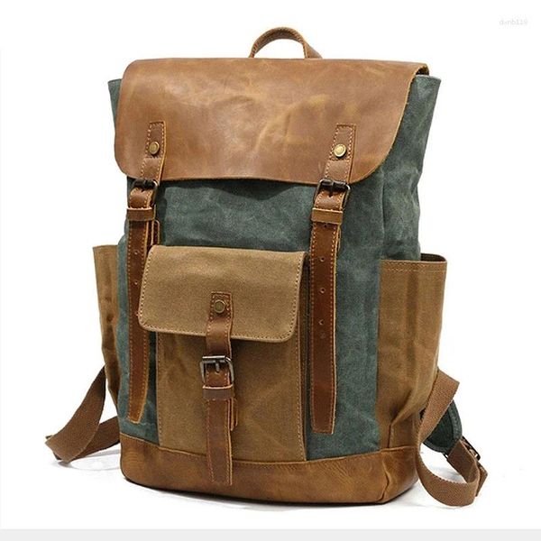 Bolsas de escola Men mochila viagens à prova d'água Bolsa de laptop vintage Cera de cera Backpacks Macho de couro Militar