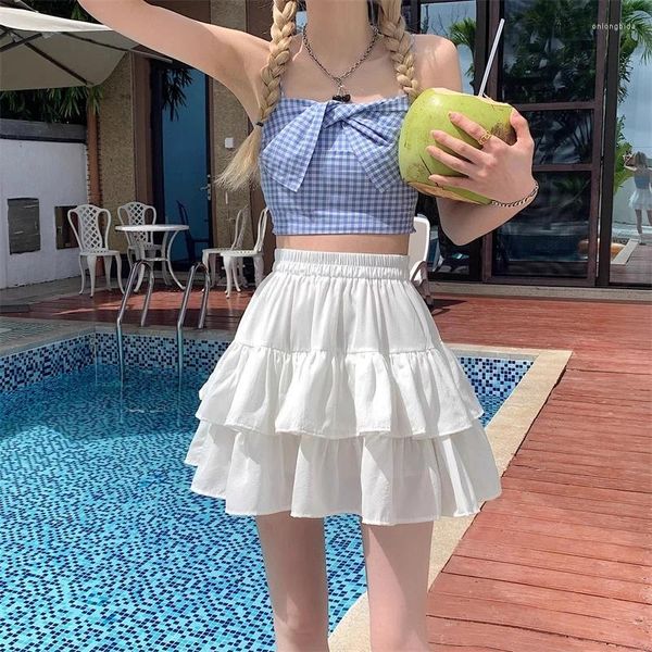 Saias Kawaii Salia de bolo com babados Mulheres 2024 Verão All Match Pleed High Caist Dress Curto Ajuste Slim Simples casual doce