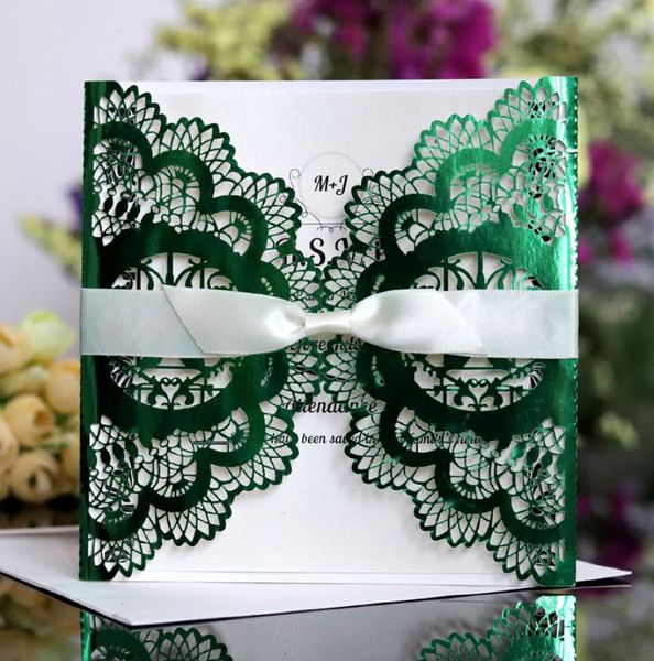 100 pezzi Laser Cut Love Bird Shiny Green Green Personali di invito a nozze Impegno riflettente IC115G7235597