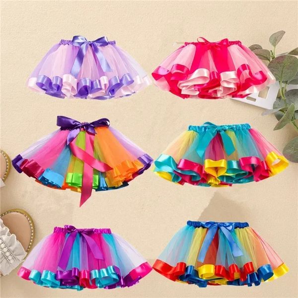 Fashion Kids Mesh Miniskirts Girls Princess Rainbow Colorful Dance Ballet Tutu Salia Party Summer Blue Dress Dress Elastic Cloth 18y 240420