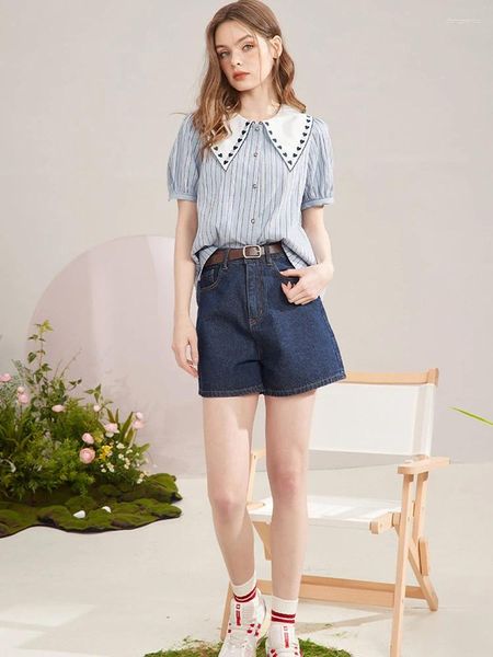 Polos femininos Molan French Woman Blouse Blush Collar Camisa de manga curta Love Feminino Bordado Estrangeiro Chic