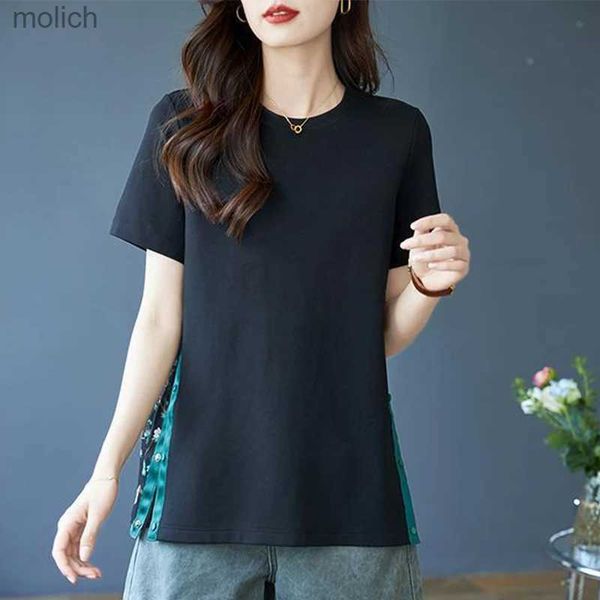 Frauen T-Shirt Sommer Mode O-Neck Retro Print Patch Arbeit genäht T-Shirt Damen Kurzarm Casual Full Passendes lackiertes Top Womens Folding T-Shirtwx