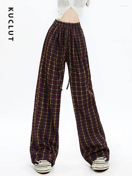 Pantaloni da donna kuclut red plaid donna ad alta vita gamba larga casual pantaloni di moda coreana a figura intera lunghezza