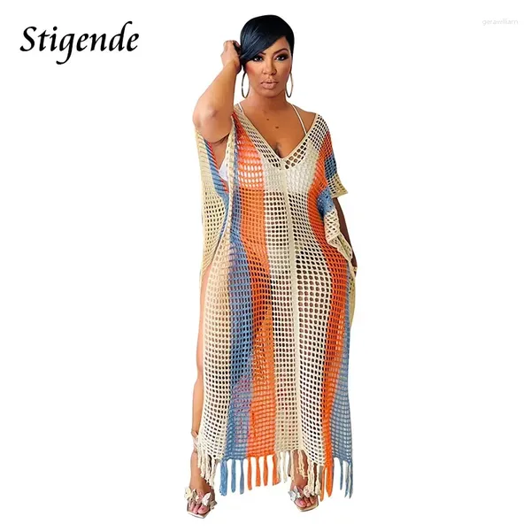 Stigende Summer Striped Knit Copertura da donna sexy Side Slit Hollow Out Out Dress Dress Multi Color Euncine Beach Swimwear