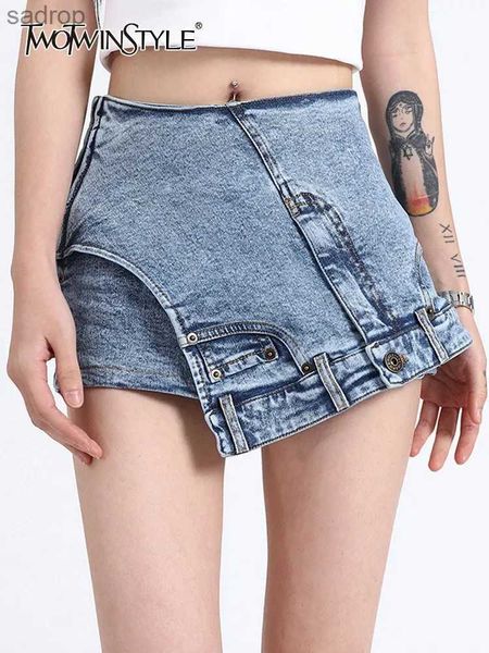 Saias twotwinstyle jeans irregular shorts femininos altos cortes de remendo de bolso para perda de peso temporário shorts de moda feminina